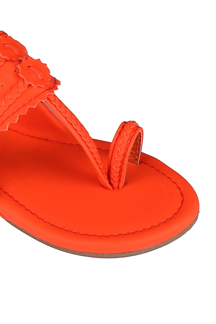 Neon Orange Faux Leather Kolhapuri Flats For Girls by Preet Kaur-Kids at Pernia's Pop Up Shop