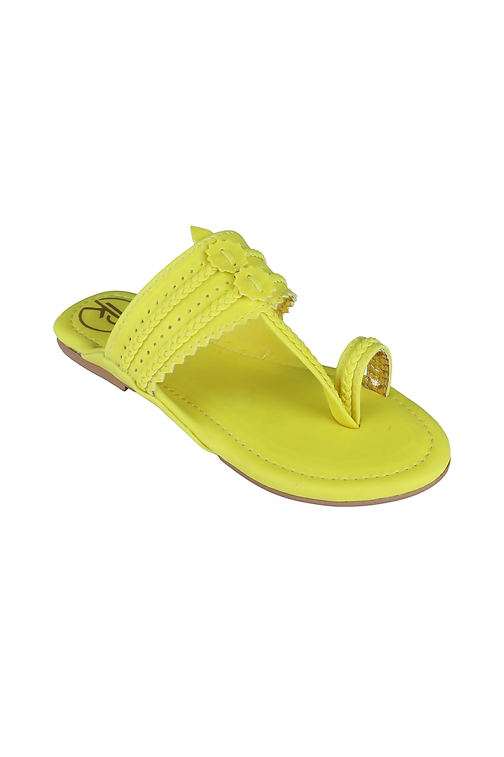 Neon Lime Faux Leather Kolhapuri Flats For Girls by Preet Kaur-Kids at Pernia's Pop Up Shop