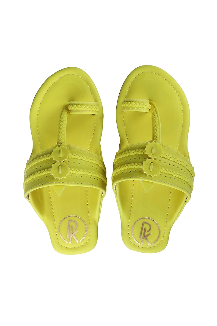 Neon Lime Faux Leather Kolhapuri Flats For Girls by Preet Kaur-Kids at Pernia's Pop Up Shop