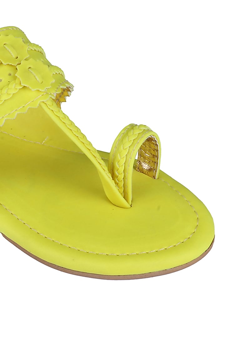 Neon Lime Faux Leather Kolhapuri Flats For Girls by Preet Kaur-Kids at Pernia's Pop Up Shop