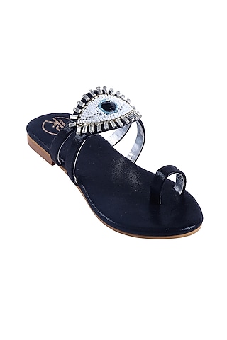 Black Faux Leather Kolhapuri Flats For Girls by Preet Kaur-Kids