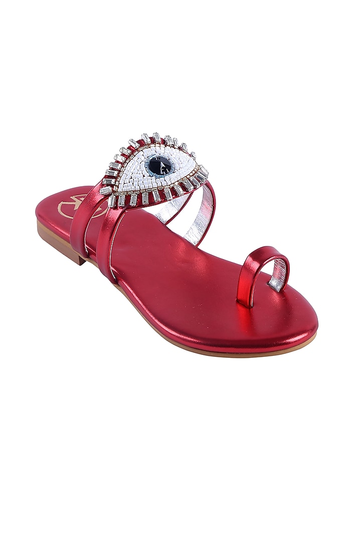 Deep Red Faux Leather Kolhapuri Flats For Girls by Preet Kaur-Kids