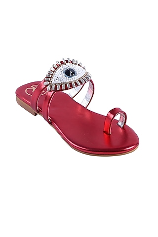 Deep Red Faux Leather Kolhapuri Flats For Girls by Preet Kaur-Kids