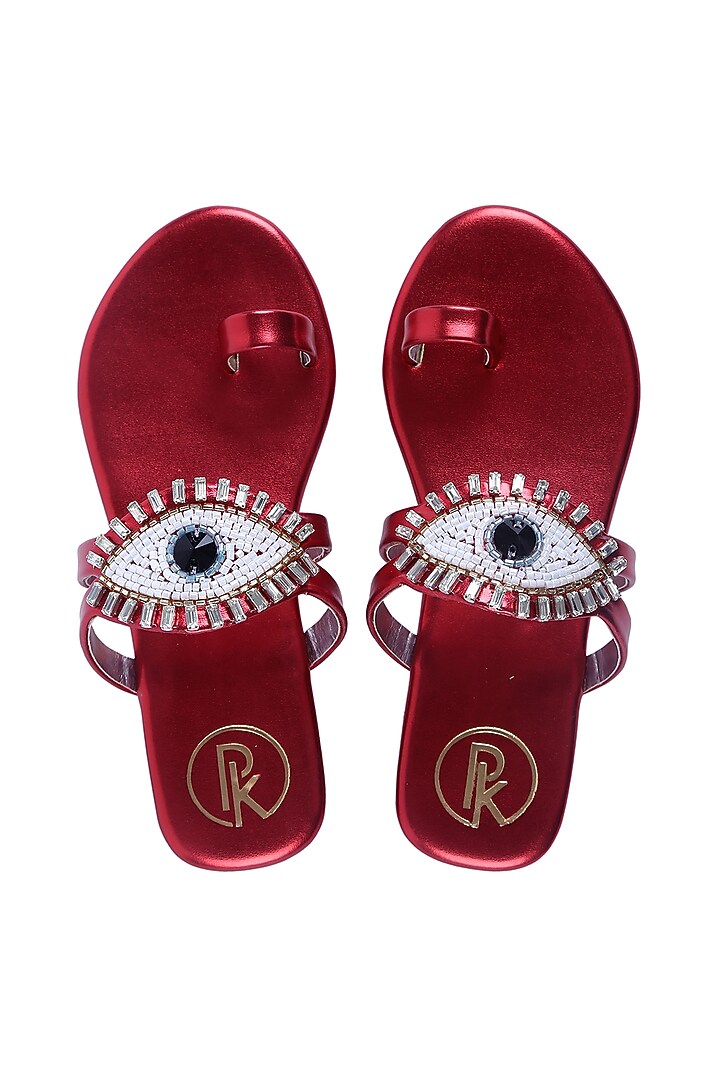 Deep Red Faux Leather Kolhapuri Flats For Girls by Preet Kaur-Kids at Pernia's Pop Up Shop