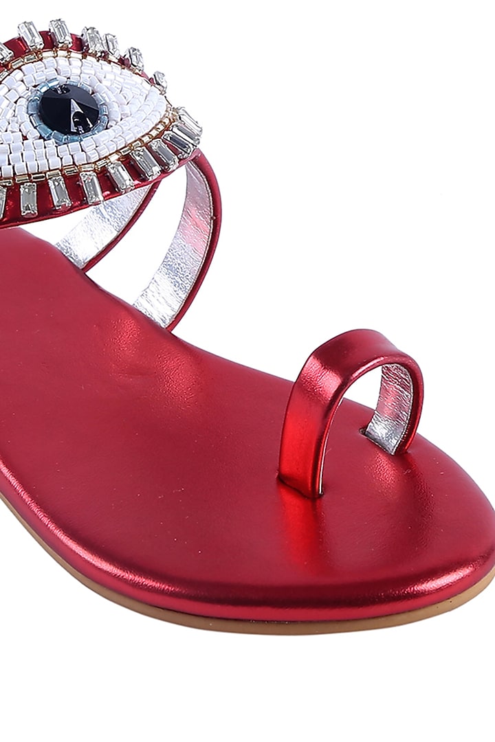Deep Red Faux Leather Kolhapuri Flats For Girls by Preet Kaur-Kids at Pernia's Pop Up Shop