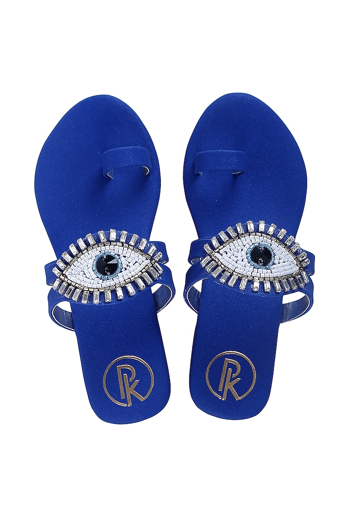 Catalina Blue Faux Leather Kolhapuri Flats For Girls by Preet Kaur-Kids at Pernia's Pop Up Shop