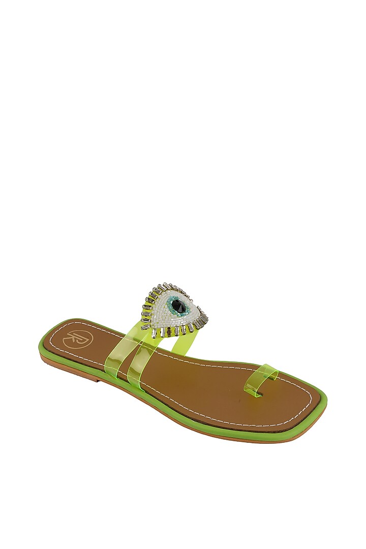 Neon Green & Tan Faux Leather Hand Embroidered Flats by Preet Kaur
