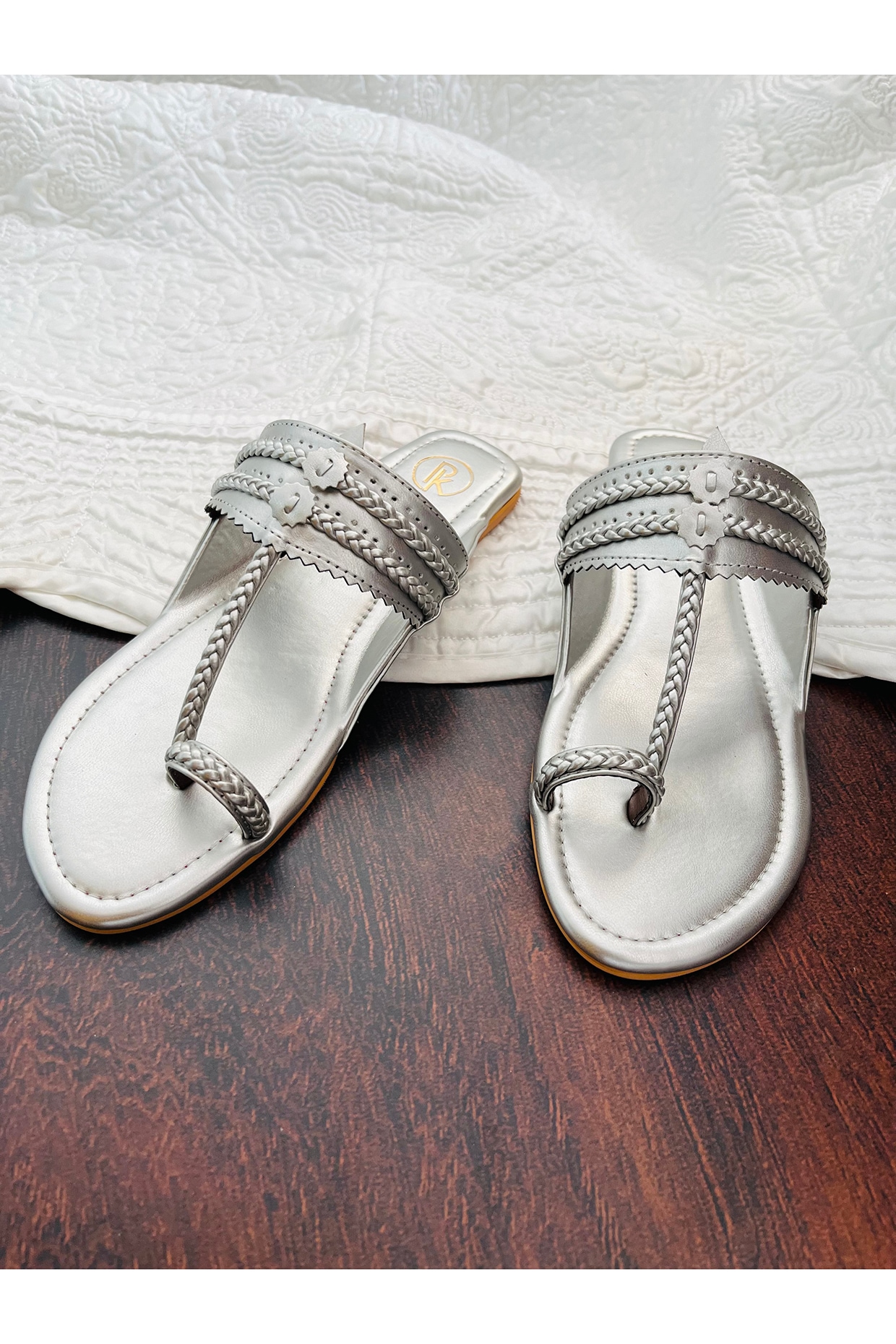 Dull Silver Leather Kolhapuri Flats by Preet Kaur at Pernia's Pop