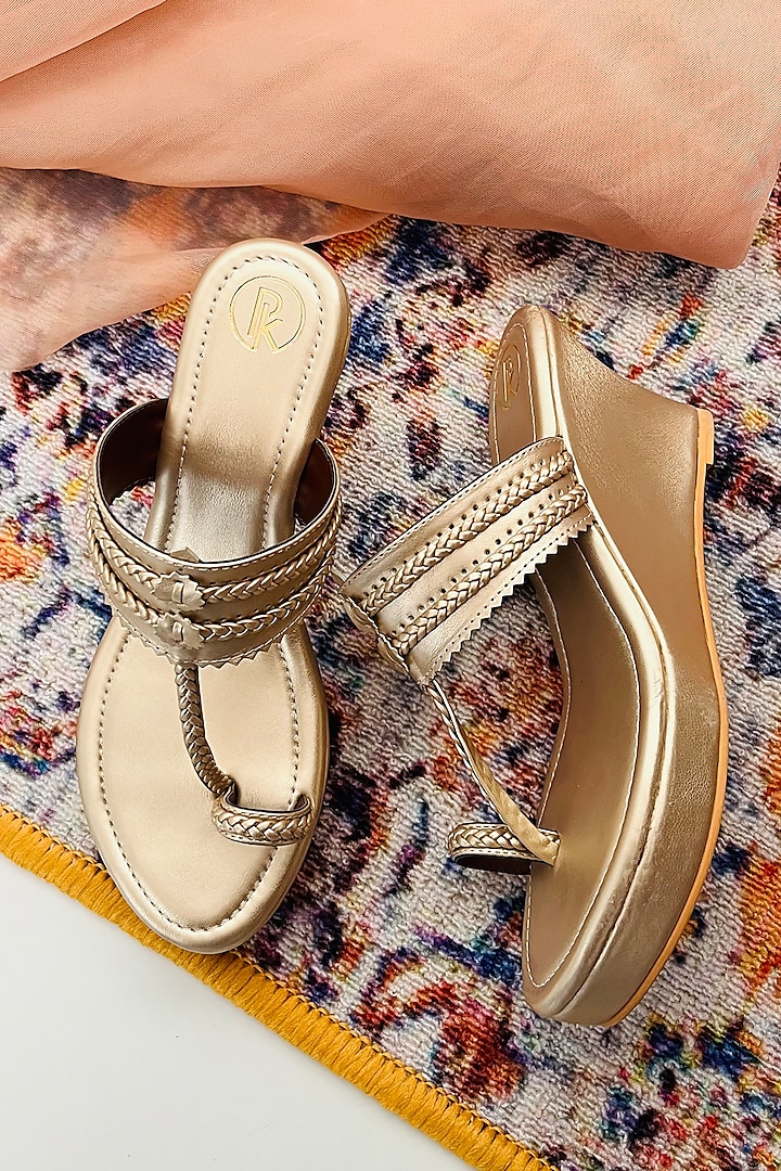 Dull Gold Faux Leather Kolhapuri Wedges by Preet Kaur