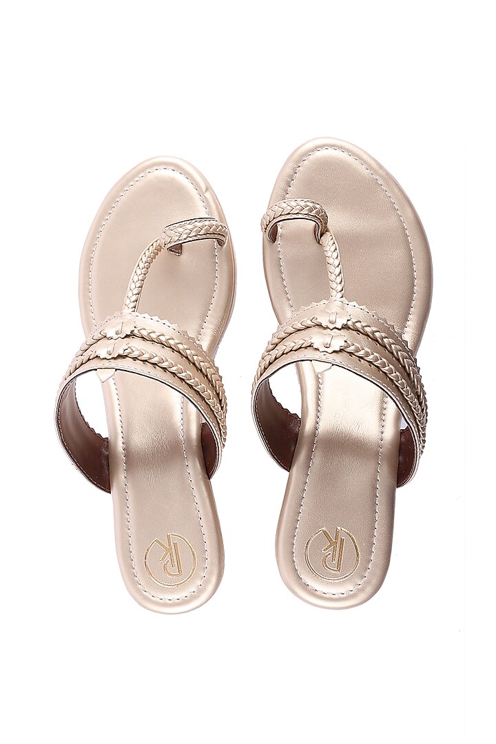 Dull Gold Faux Leather Kolhapuri Wedges by Preet Kaur at Pernia's Pop Up Shop