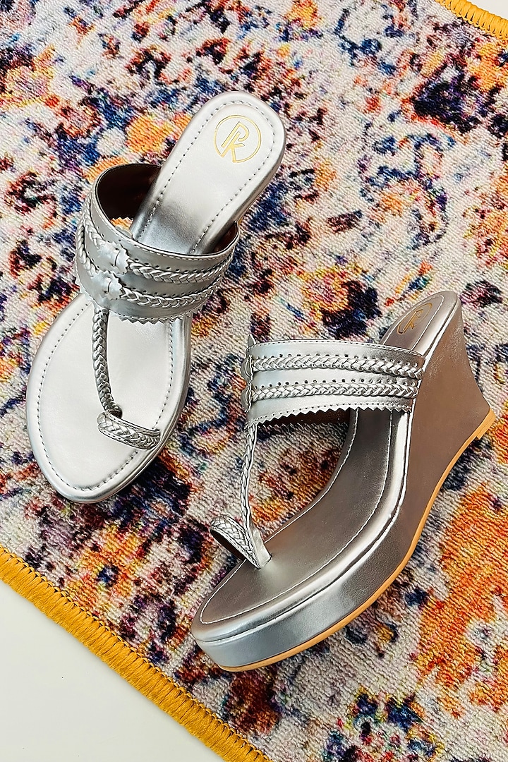 Dull Silver Faux Leather Kolhapuri Wedges by Preet Kaur