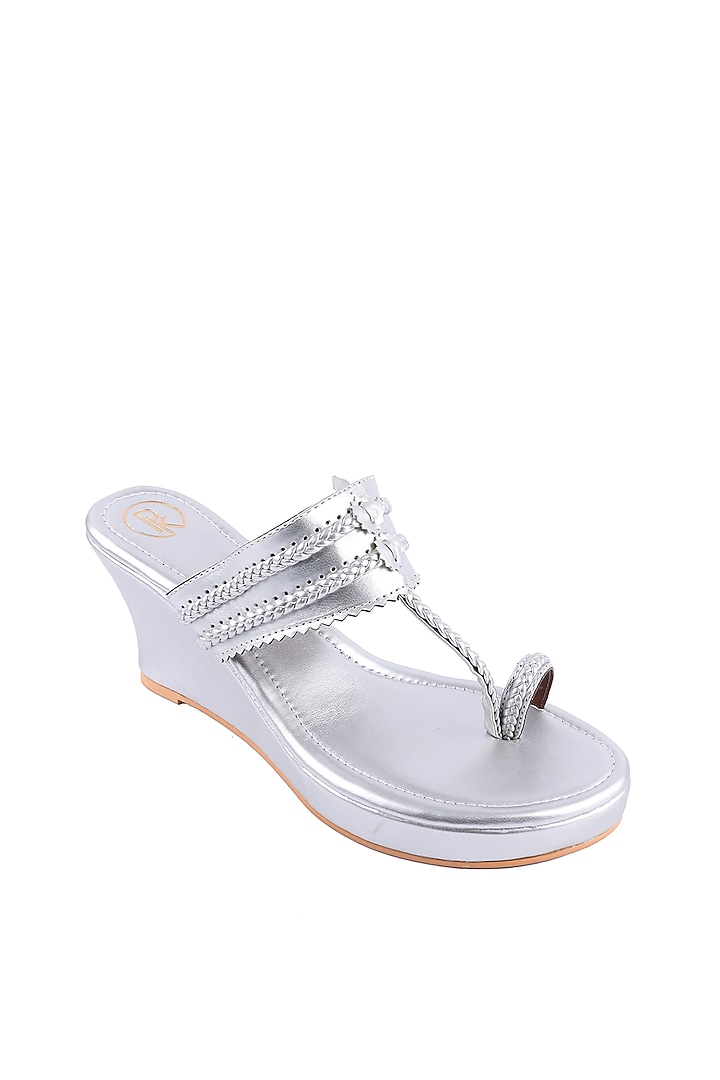 Dull Silver Faux Leather Kolhapuri Wedges by Preet Kaur at Pernia's Pop Up Shop
