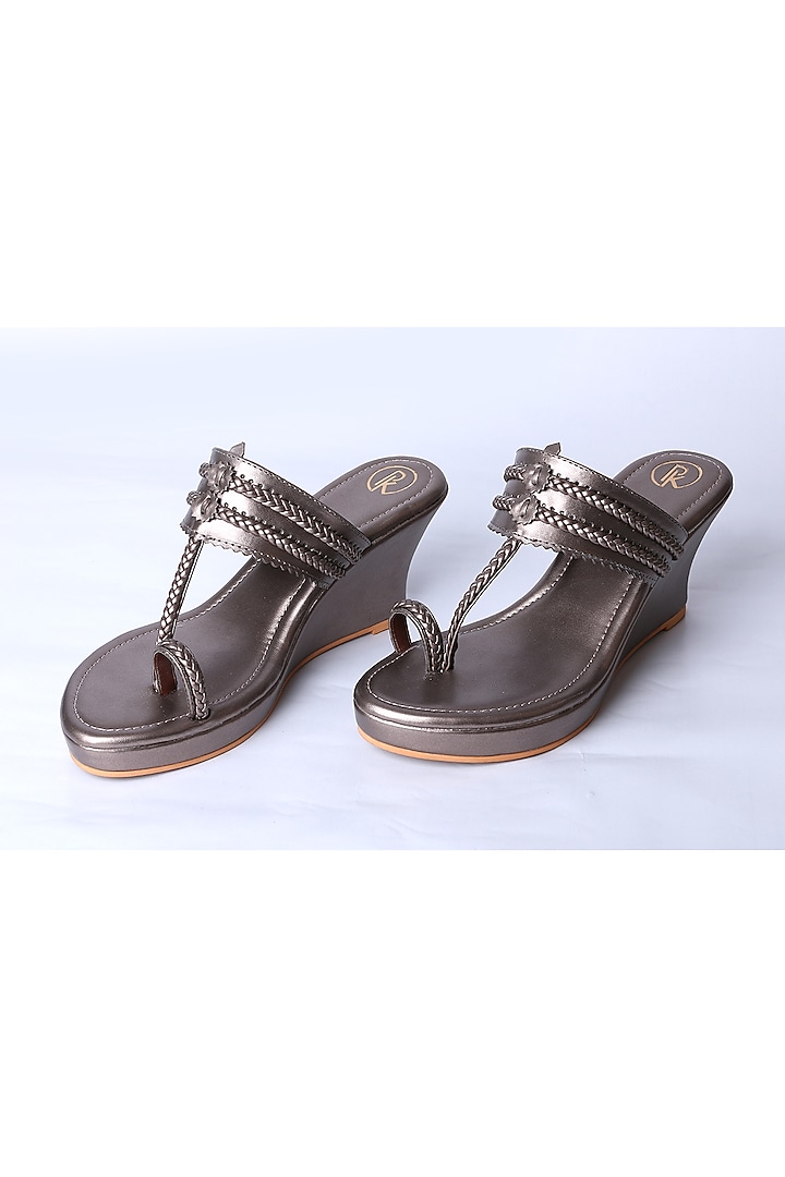 Metallic Grey Faux Leather Kolhapuri Wedges by Preet Kaur at Pernia's Pop Up Shop