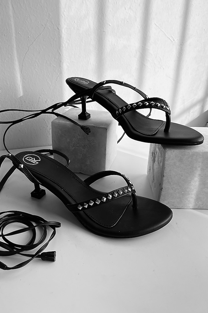 Black Faux Leather Embellished Heels by Preet Kaur