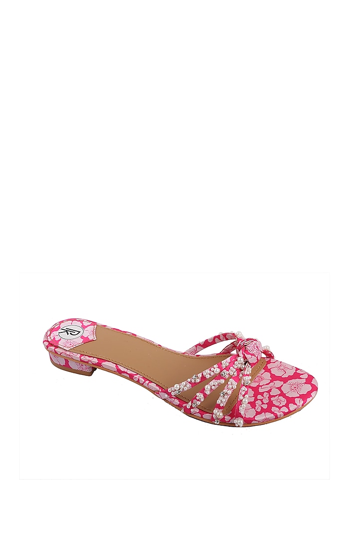 White & Pink Faux Leather Printed Flats by Preet Kaur