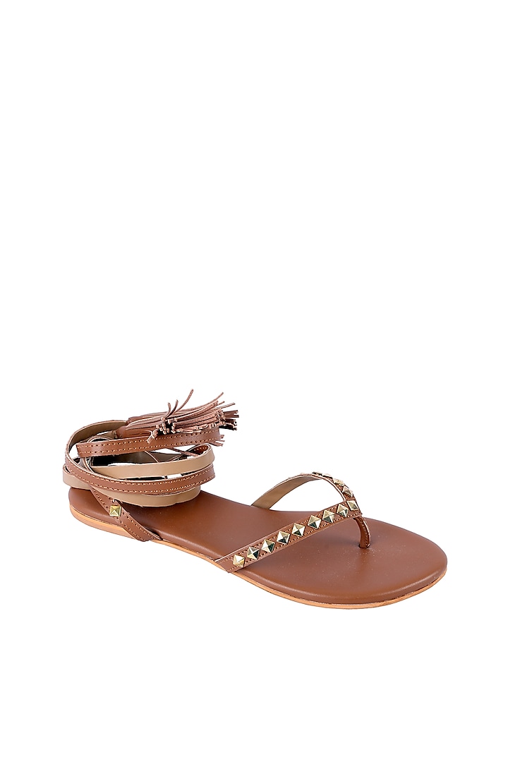 Tan Faux Leather Tie-Up Flats by Preet Kaur