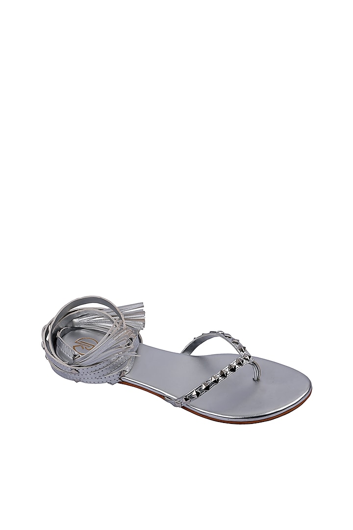 Silver Faux Leather Tie-Up Flats by Preet Kaur