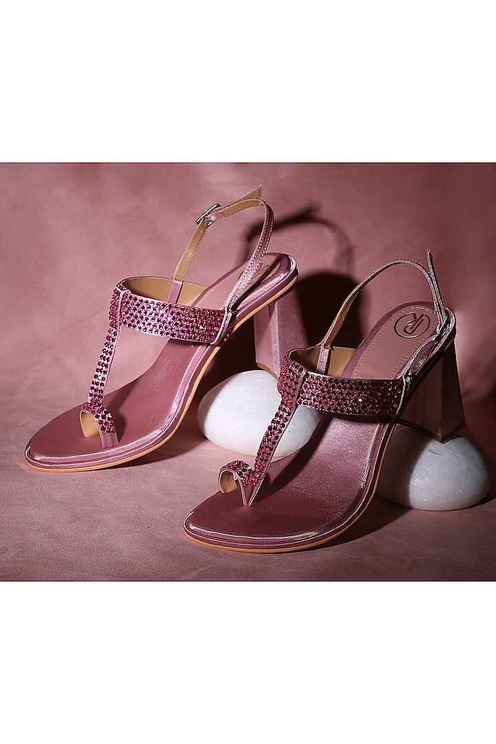 Pink Satin Embellished Block Heels by Preet Kaur