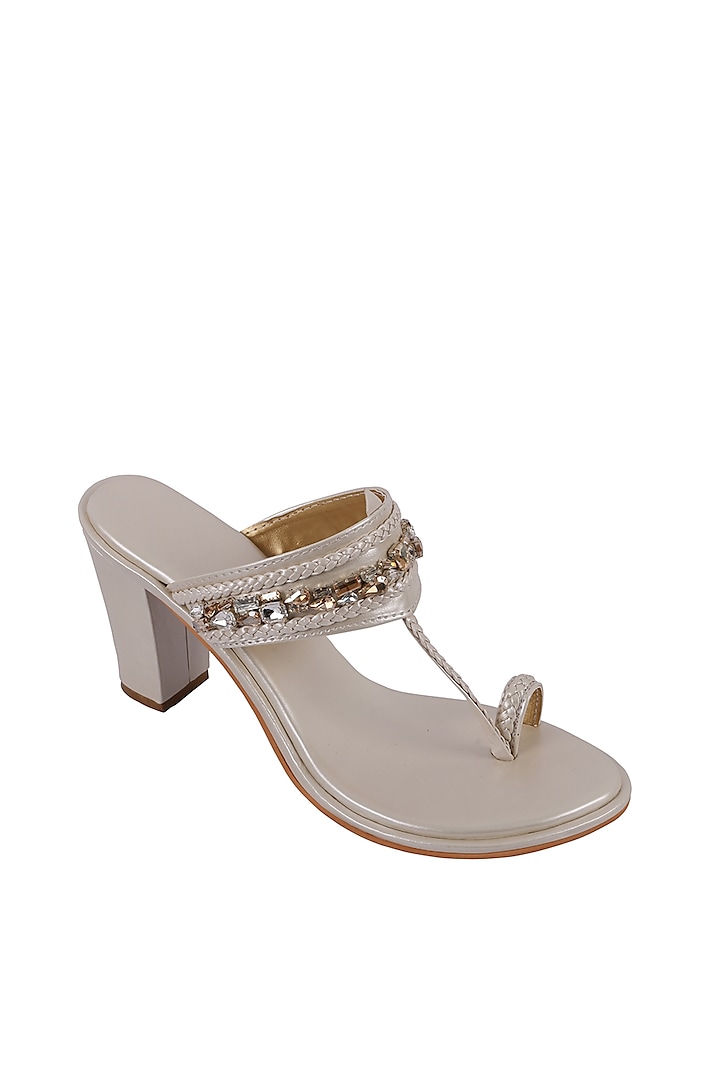 Ivory Faux Leather Embellished Block Heels by Preet Kaur