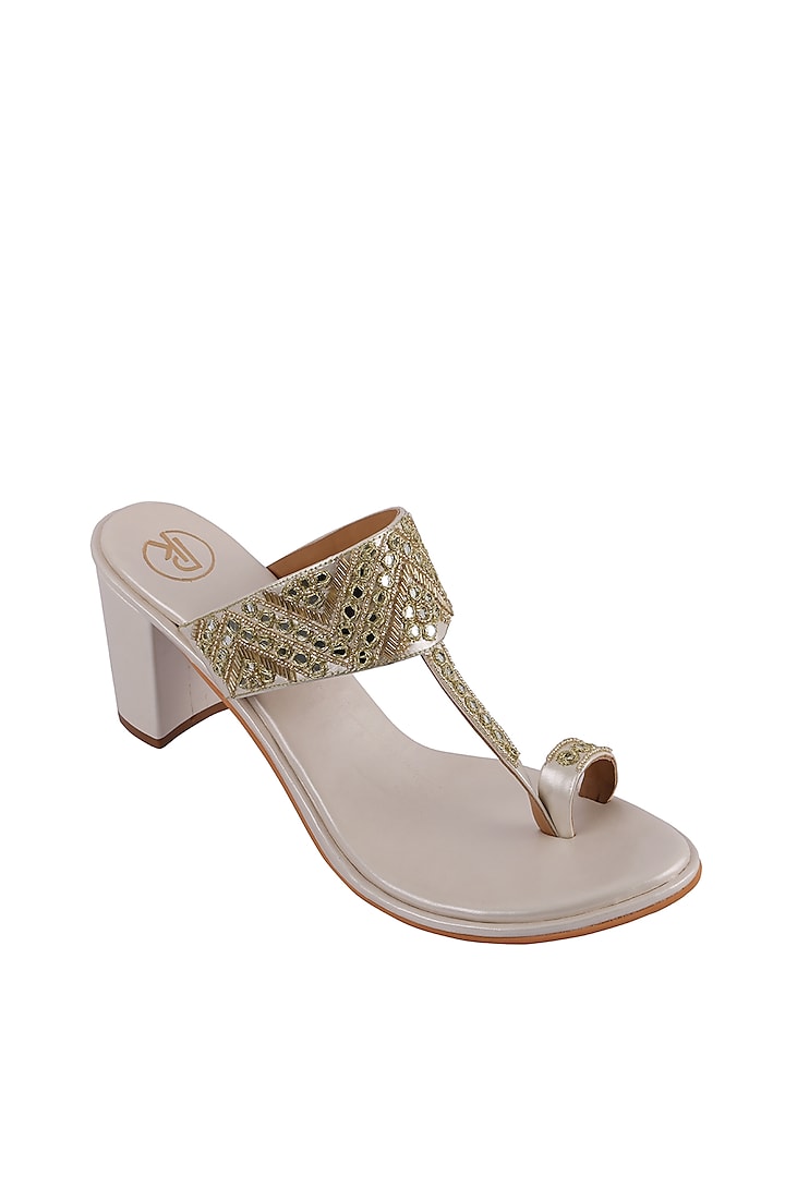Ivory Faux Leather Embroidered Block Heels by Preet Kaur