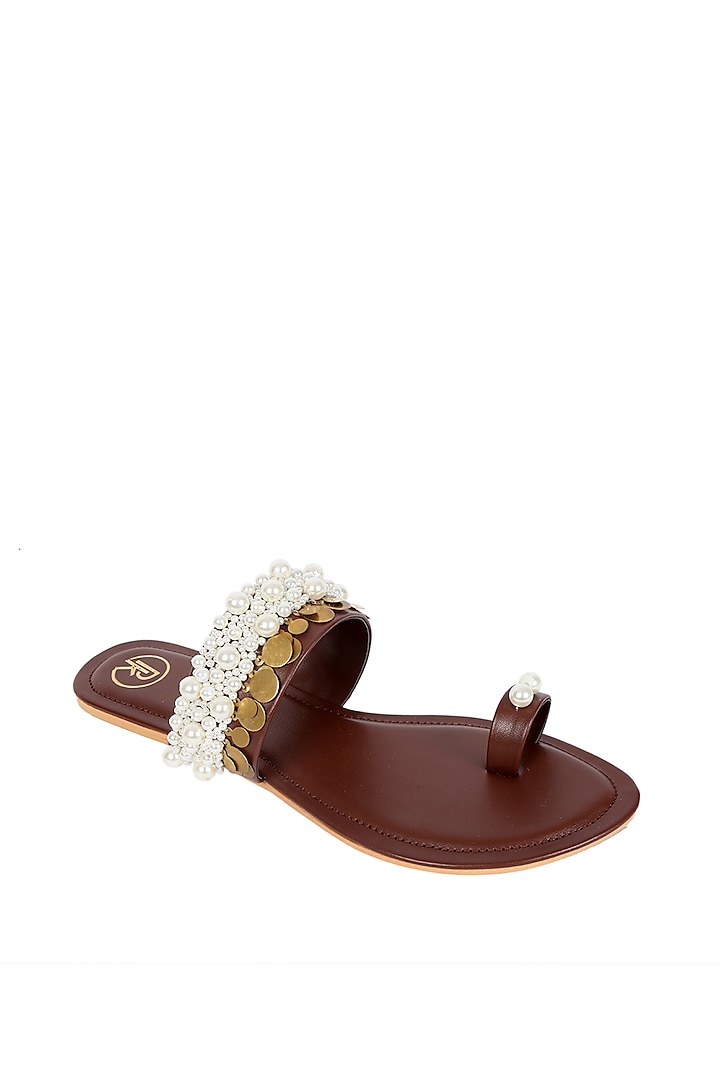Brown Pearl Embroidered Flats by Preet Kaur