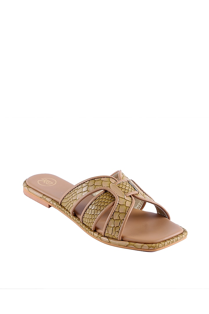 Beige Textured Faux Leather Flats by Preet Kaur
