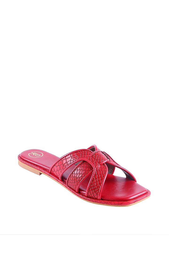 Red Textured Faux Leather Flats by Preet Kaur