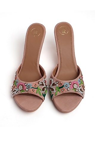 Peach Faux Leather Floral Hand Embroidered Heels by Preet Kaur