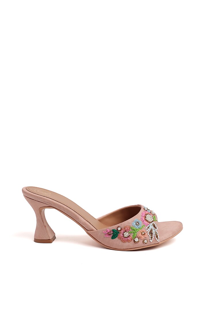 Peach Faux Leather Floral Hand Embroidered Heels by Preet Kaur at Pernia's Pop Up Shop