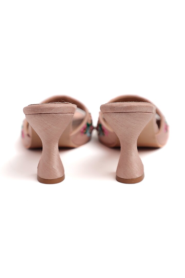Peach Faux Leather Floral Hand Embroidered Heels by Preet Kaur at Pernia's Pop Up Shop