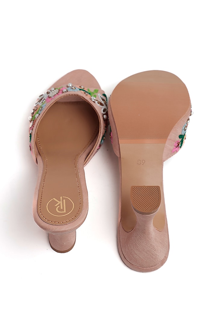 Peach Faux Leather Floral Hand Embroidered Heels by Preet Kaur at Pernia's Pop Up Shop