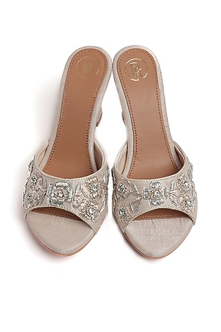 Ivory Faux Leather Floral Embroidered Heels by Preet Kaur