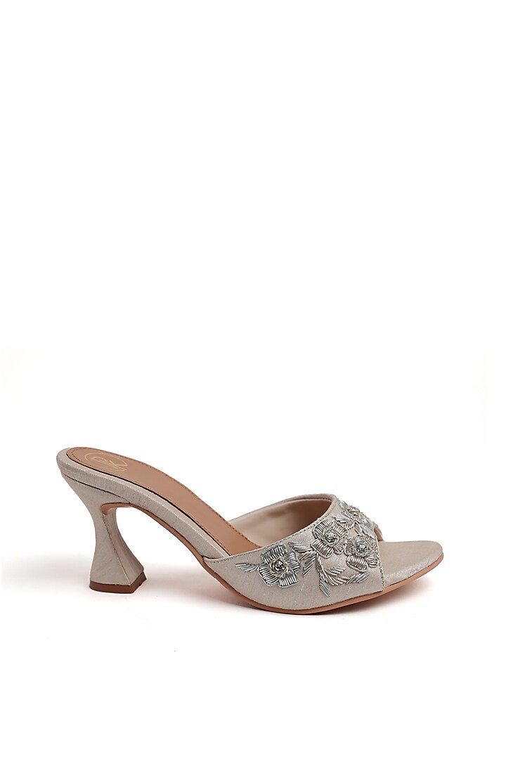 Ivory Faux Leather Floral Embroidered Heels by Preet Kaur at Pernia's Pop Up Shop