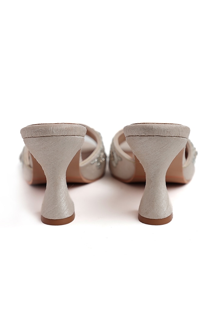 Ivory Faux Leather Floral Embroidered Heels by Preet Kaur at Pernia's Pop Up Shop