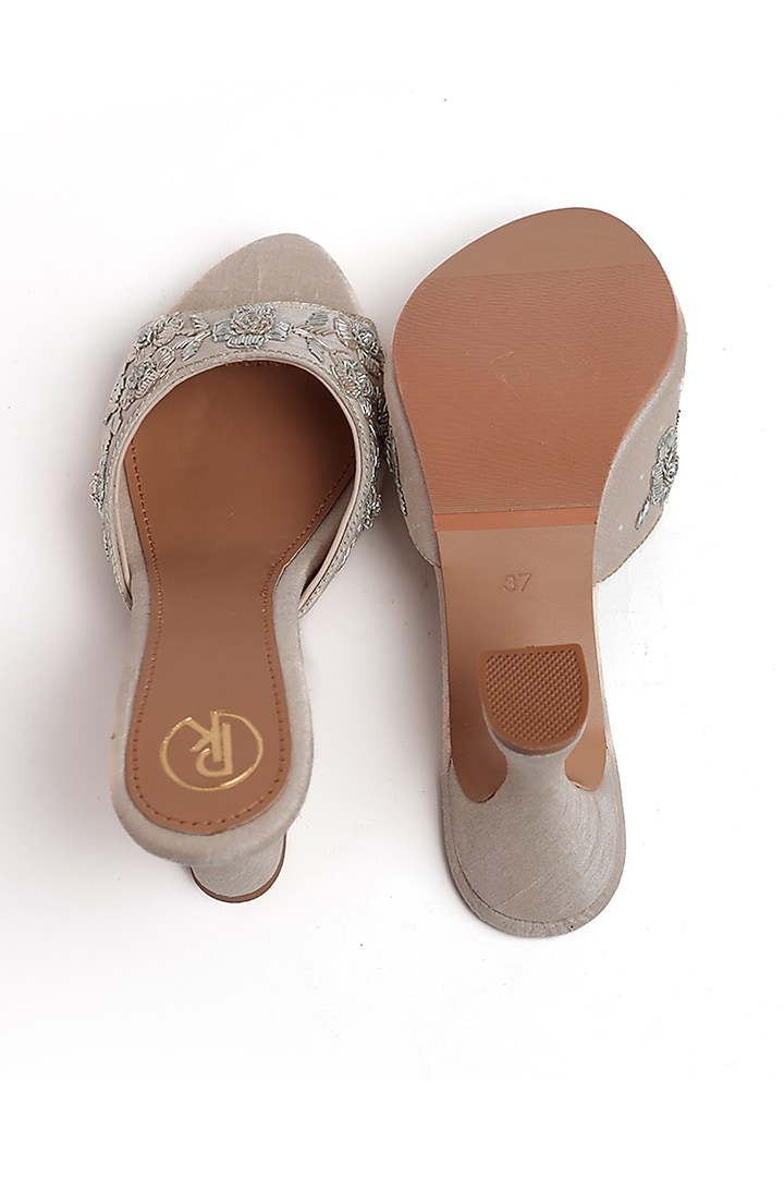 Ivory Faux Leather Floral Embroidered Heels by Preet Kaur at Pernia's Pop Up Shop