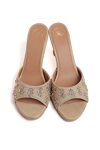 Gold Faux Leather Boota Hand Work Heels by Preet Kaur