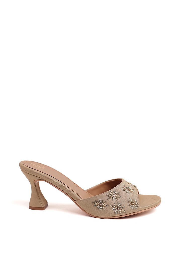 Gold Faux Leather Boota Hand Work Heels by Preet Kaur at Pernia's Pop Up Shop