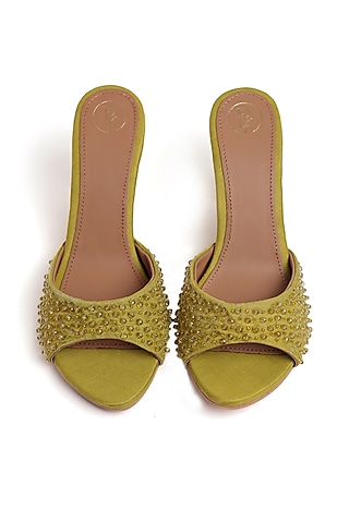 Olive Green Faux Leather Bead Work Heels by Preet Kaur