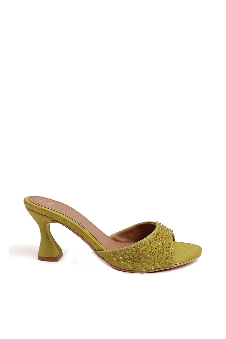 Olive Green Faux Leather Bead Work Heels by Preet Kaur at Pernia's Pop Up Shop