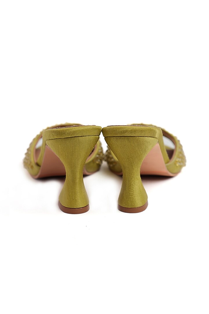 Olive Green Faux Leather Bead Work Heels by Preet Kaur at Pernia's Pop Up Shop