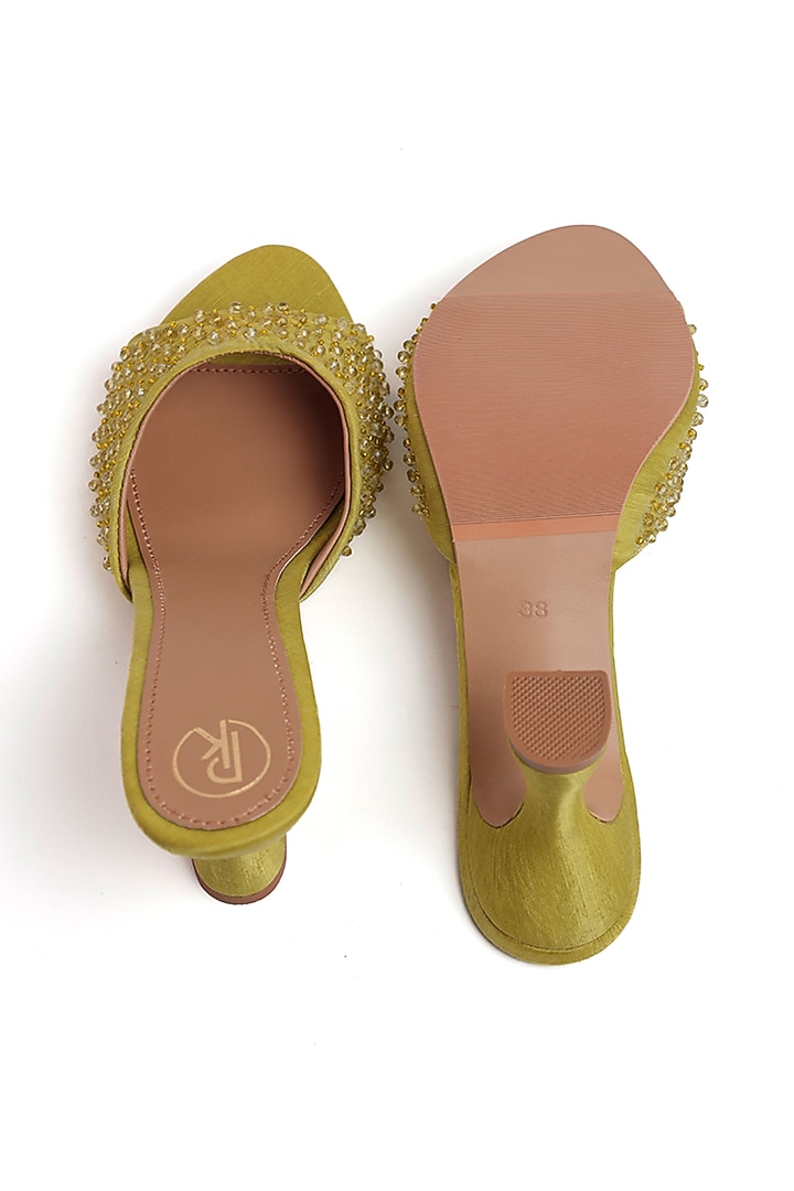 Olive Green Faux Leather Bead Work Heels by Preet Kaur at Pernia's Pop Up Shop