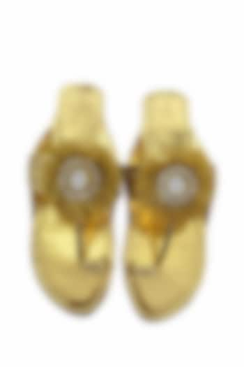 Gold Faux Leather Mirror Work Kolhapuri Flats by Preet Kaur at Pernia's Pop Up Shop