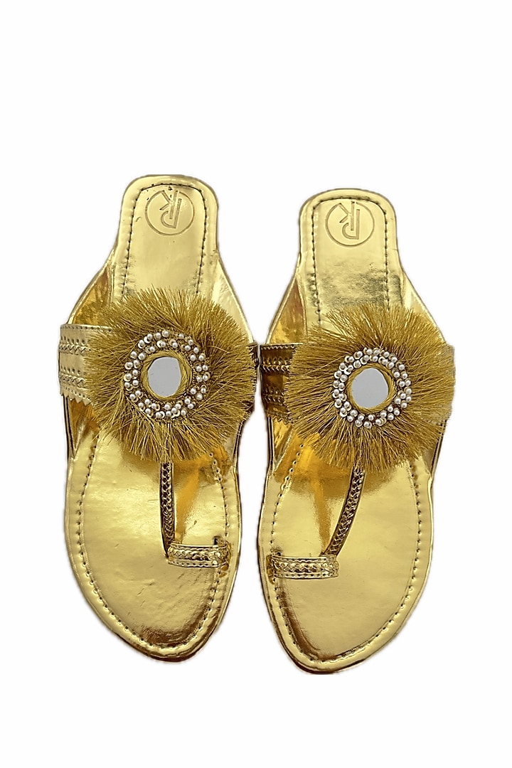 Gold Faux Leather Mirror Work Kolhapuri Flats by Preet Kaur at Pernia's Pop Up Shop