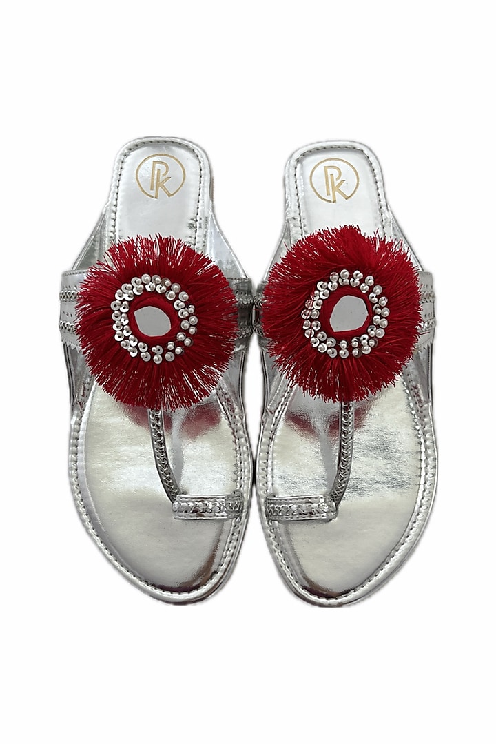 Silver Faux Leather Mirror Work Kolhapuri Flats by Preet Kaur at Pernia's Pop Up Shop