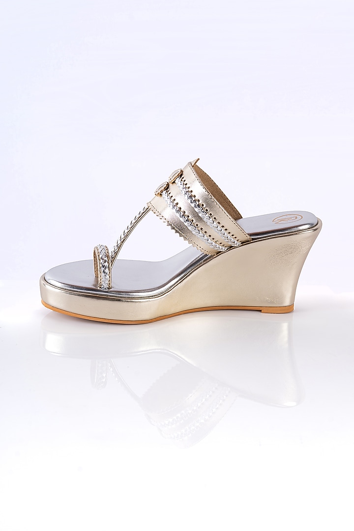 Dull Gold-Silver Faux Leather Wedges by Preet Kaur at Pernia's Pop Up Shop
