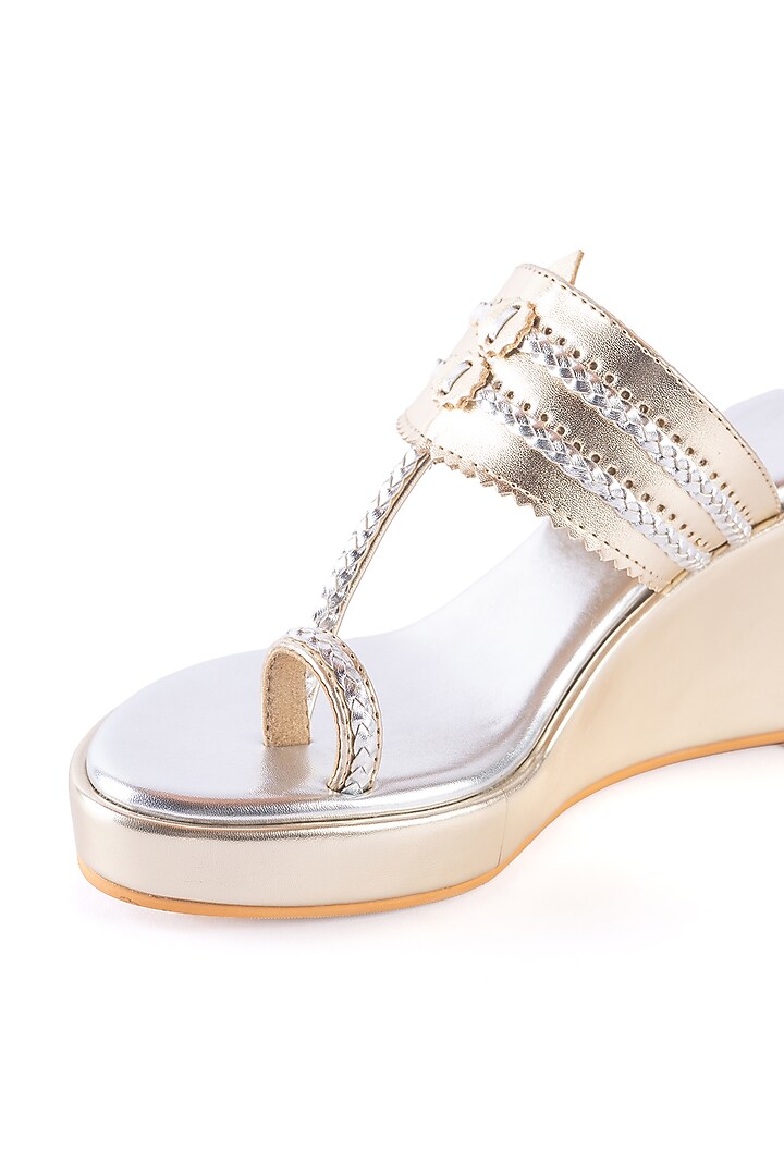 Dull Gold-Silver Faux Leather Wedges by Preet Kaur at Pernia's Pop Up Shop