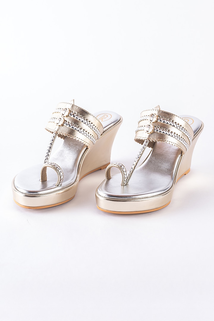 Dull Gold-Silver Faux Leather Wedges by Preet Kaur at Pernia's Pop Up Shop