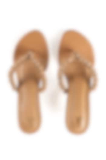 Tan Faux Leather Cutdana Hand Embroidered Heels by Preet Kaur at Pernia's Pop Up Shop