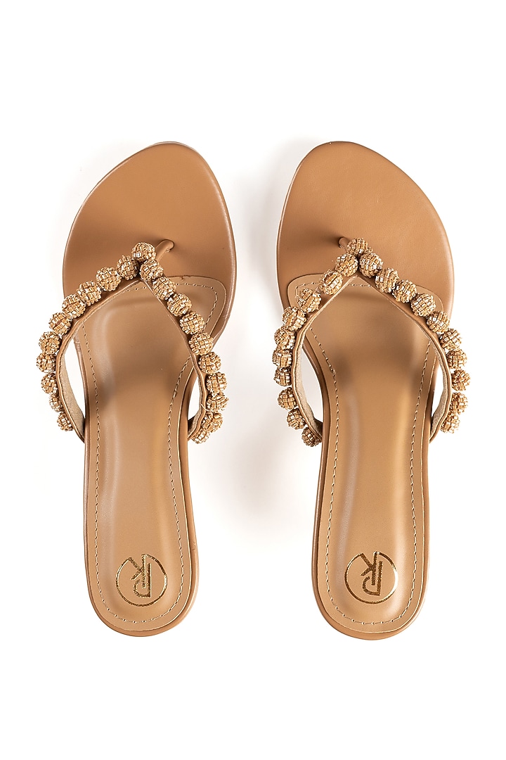 Tan Faux Leather Cutdana Hand Embroidered Heels by Preet Kaur at Pernia's Pop Up Shop