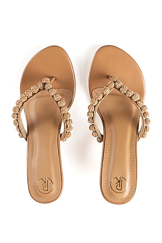 Tan Faux Leather Cutdana Hand Embroidered Heels by Preet Kaur
